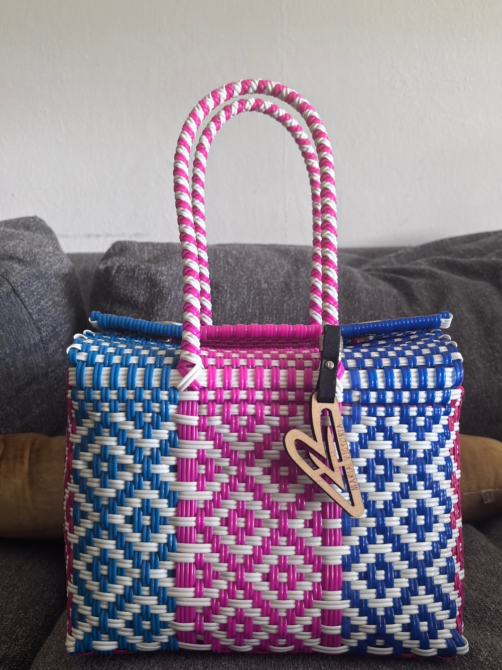 María Victoria Pink & Blue Woven Tote Bag with Heart Charm